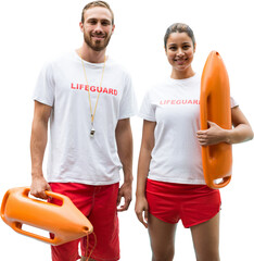 Portrait of lifeguards holding rescue buoy