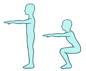 スクワットで脚を鍛える人のイラスト、シルエット、青