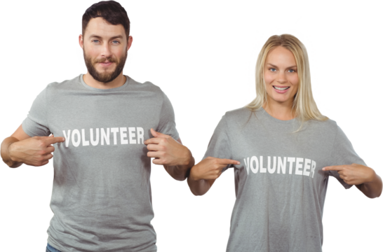 Man and woman showing volunteer text on tshirts 