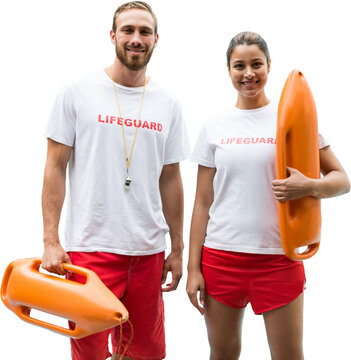 Fototapeta Portrait of lifeguards holding rescue buoy