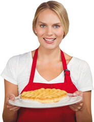 Portrait of owner holding sweet pie in plate