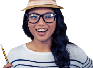 Attractive Asian woman with hat holding pencil