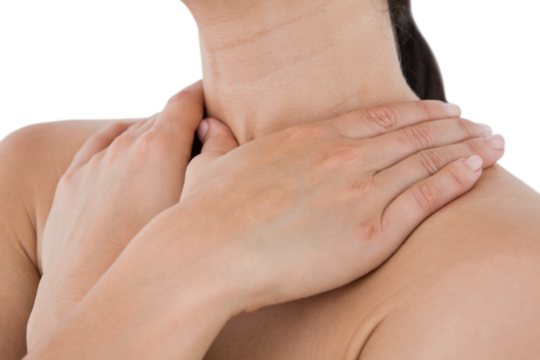 Sick brunette having throat pain