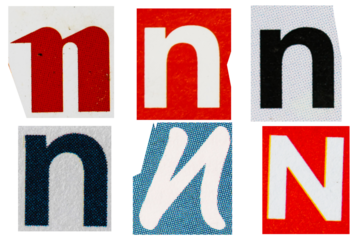 Letter font n from printout magazine cut out, collage element.