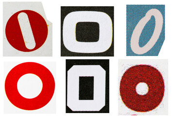 Letter font o from printout magazine cut out, collage element.
