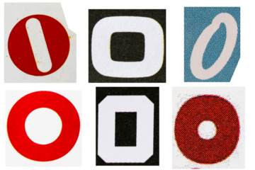 Letter font o from printout magazine cut out, collage element.