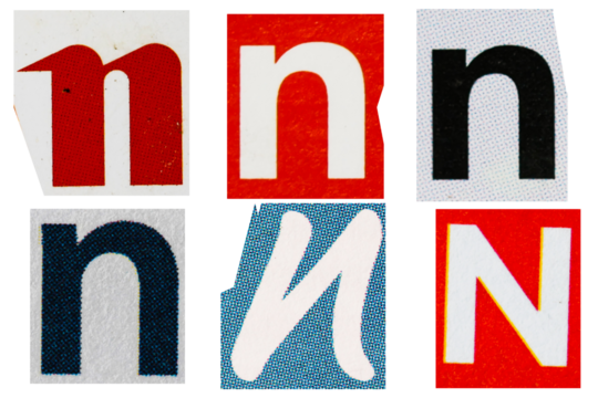 Letter font n from printout magazine cut out, collage element.
