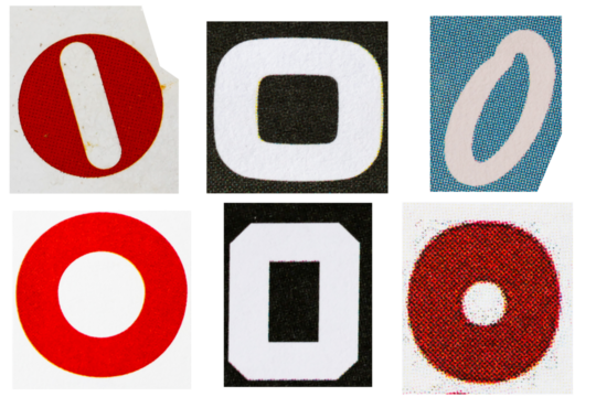 Letter font o from printout magazine cut out, collage element.