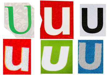 Letter u magazine cut out font, ransom letter, isolated collage elements for text alphabet, ransom...