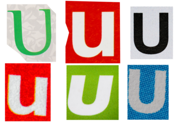Letter u magazine cut out font, ransom letter, isolated collage elements for text alphabet, ransom note
