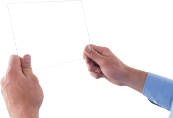 Cropped hand of businessman holding glass interface