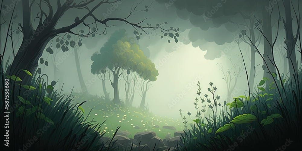 Aufkleber a landscape image of a green forest with large trees and green grass in a clearing with little flowe