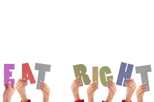 Colorful alphabet spelling eat right held up by people 