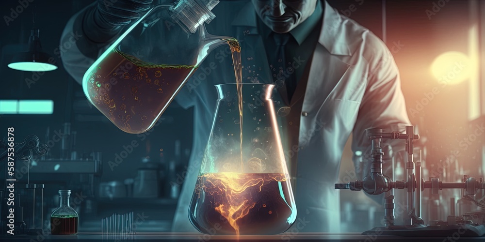 Aufkleber a lab employee fills a tall flask with liquid against a laboratory setting. generative ai