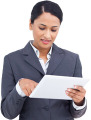 Close up of saleswoman with her touch screen computer