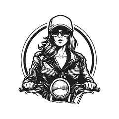 Plakat badass biker girl, logo concept black and white color, hand drawn illustration