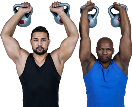 Strong friends lifting kettlebells together