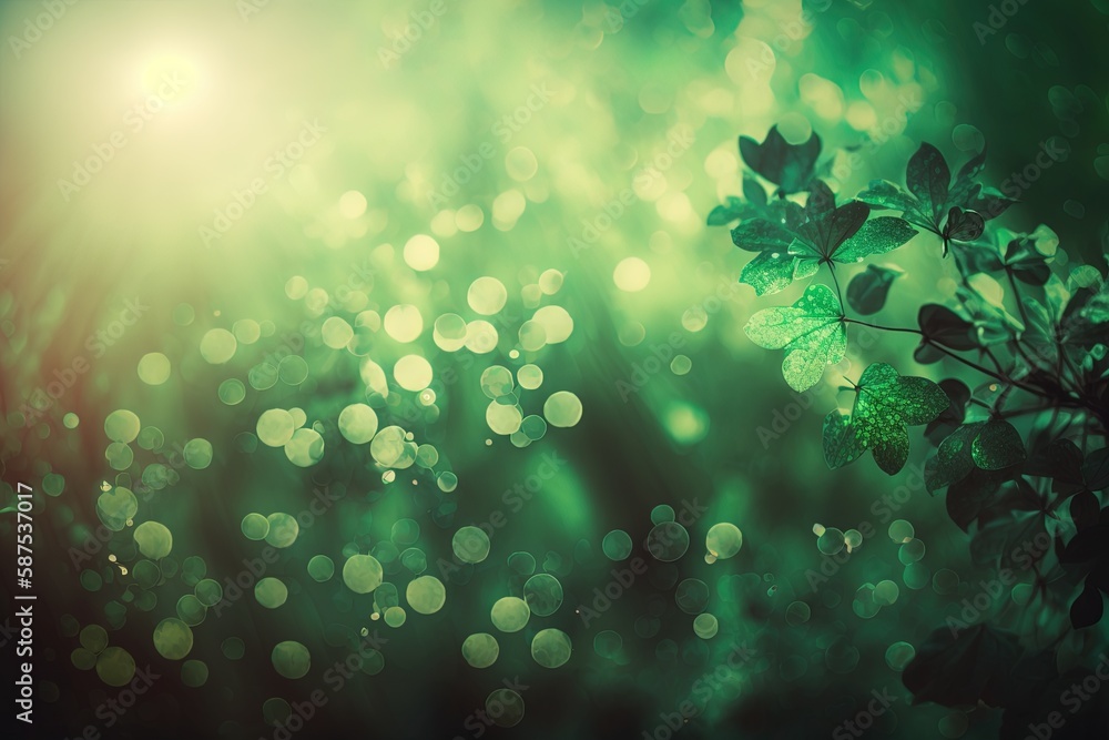 Poster Light shining through a bokeh effect on the green backdrop. Generative AI
