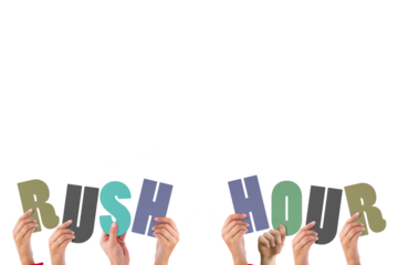 Colorful alphabet spelling rush hour held up by people 