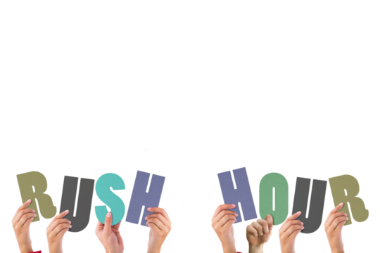 Colorful alphabet spelling rush hour held up by people 