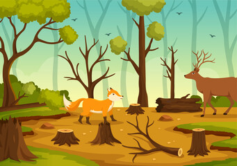 Deforestation Illustration with Tree in the Felled Forest and Burning Into Pollution Causing the Extinction of Animals in Cartoon Hand Drawn Templates