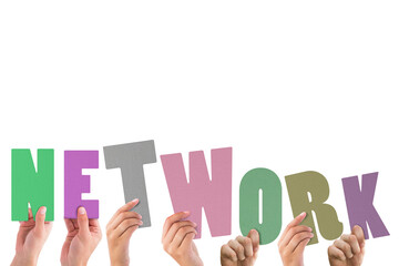 Colorful alphabet spelling network held up by people 