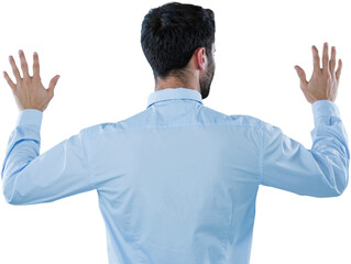 Rear view of businessman pretending to use invisible screen