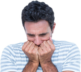 Upset man with hands on mouth