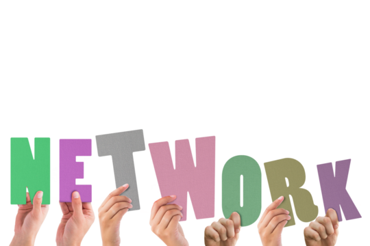 Colorful alphabet spelling network held up by people 