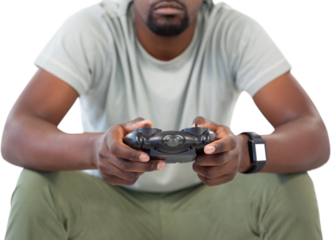 Man playing video game against white background