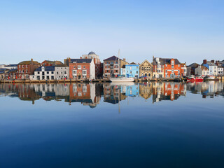 Boats in the old town of Weymouth Harbour and Weymouth Marina in Dorset, England, UK