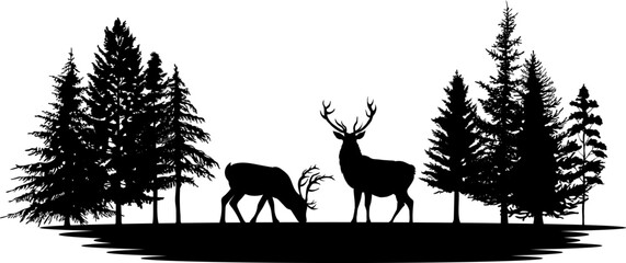 Pine tree and reindeer vector illustration set. Black silhouette landscape. - obrazy, fototapety, plakaty