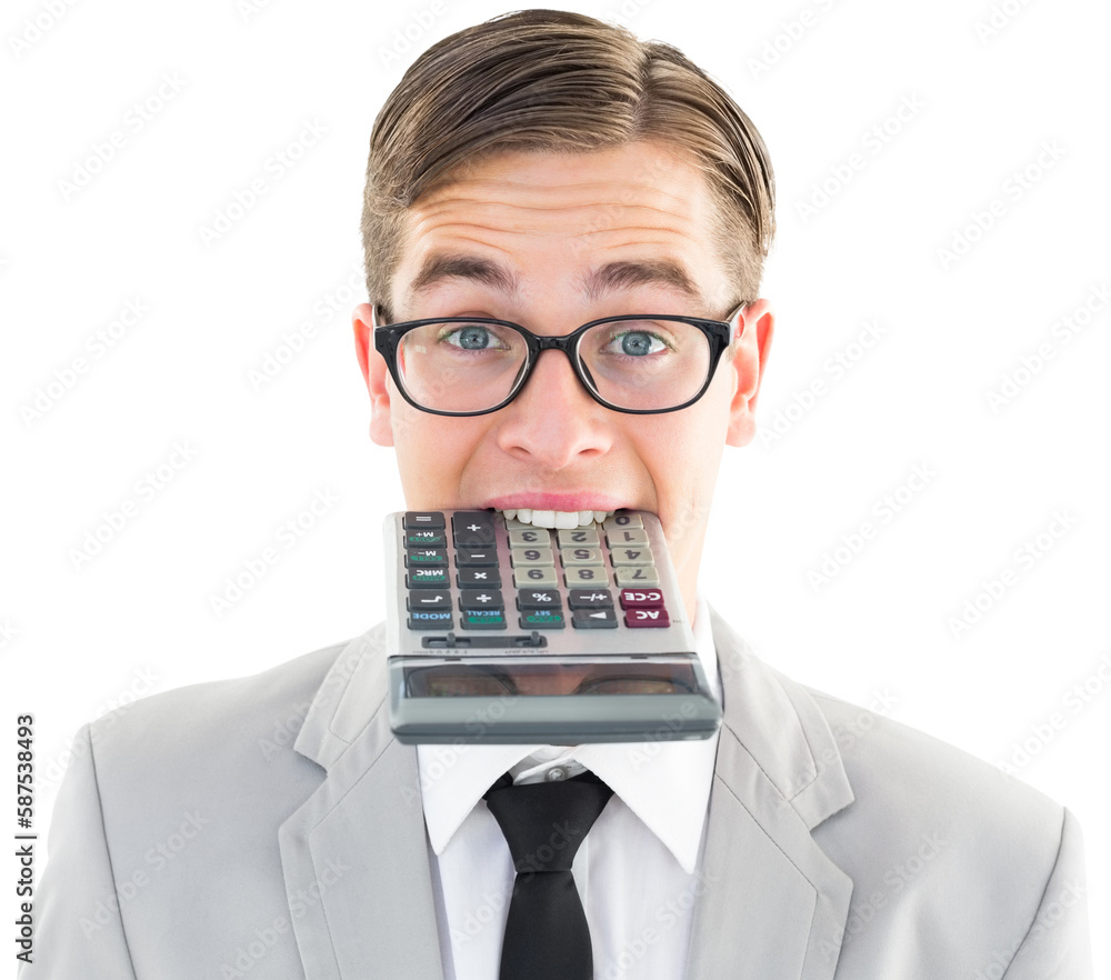 Poster geeky smiling businessman biting calculator