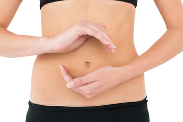 Closeup mid section of a fit woman with hand gestures