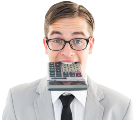 Geeky smiling businessman biting calculator