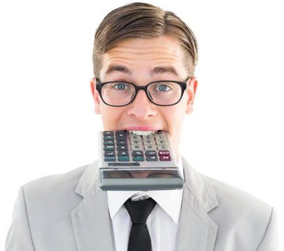 Geeky smiling businessman biting calculator
