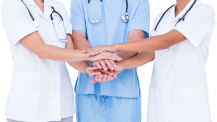 Midsection of doctors putting hands together