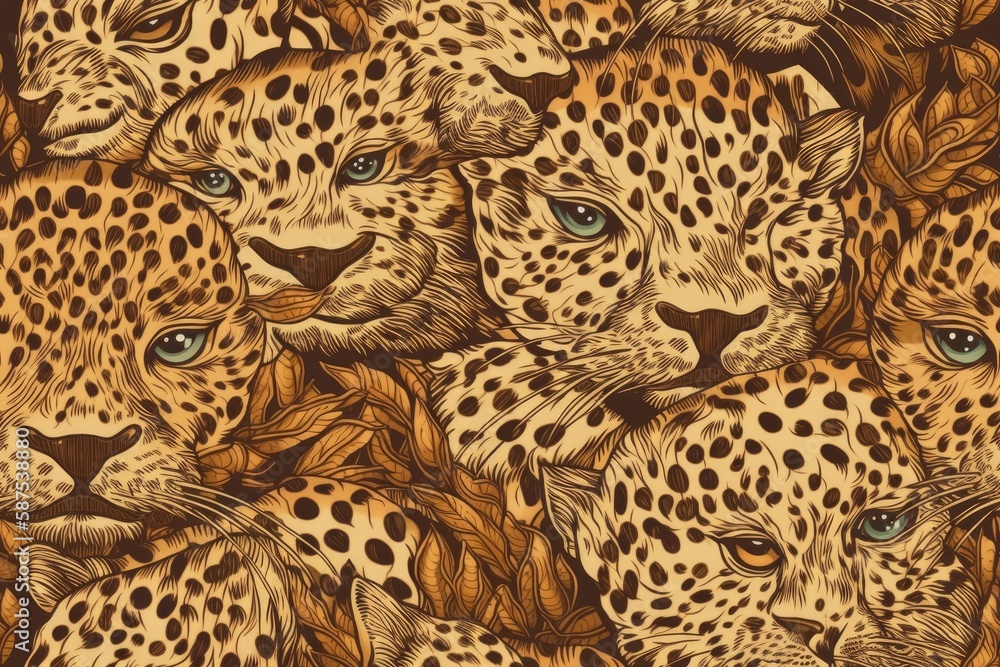 Canvas Prints group of fierce leopards with striking blue eyes standing on a brown backdrop. Generative AI