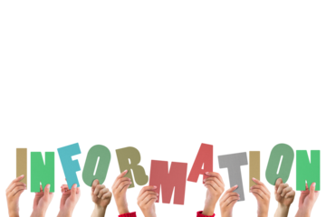 Colorful alphabet spelling information held up by people