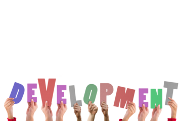 Colorful alphabet spelling development held up by people 