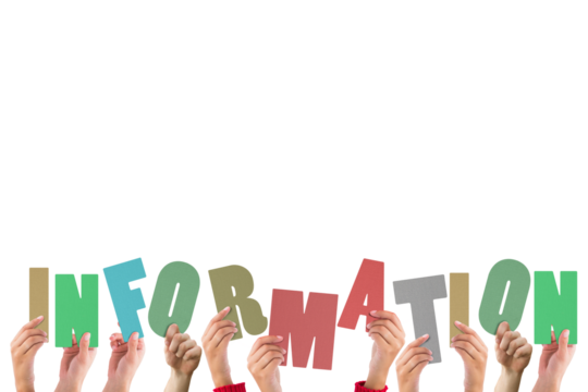 Colorful alphabet spelling information held up by people 