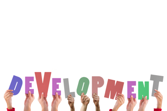 Colorful alphabet spelling development held up by people 