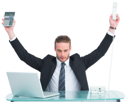 Businessman cheering holding calculator and telephone