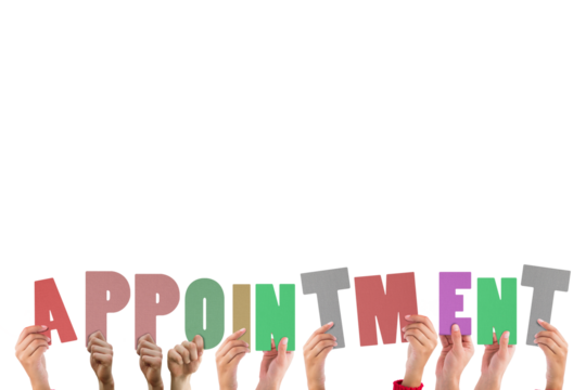 Colorful alphabet spelling appointment held up by people 