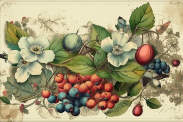 flowers and berries on a white background. Generative AI