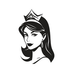 beautiful girl wearing crown, logo concept black and white color, hand drawn illustration