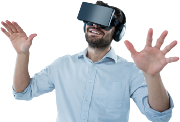 Happy man using virtual reality headset