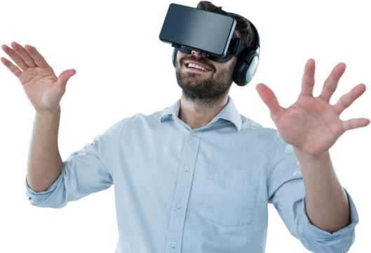 Happy man using virtual reality headset
