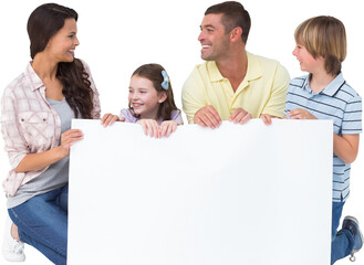 Family with billboard over white background