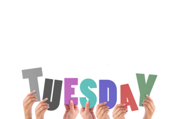 Cropped hands holding colorful alphabets forming tuesday